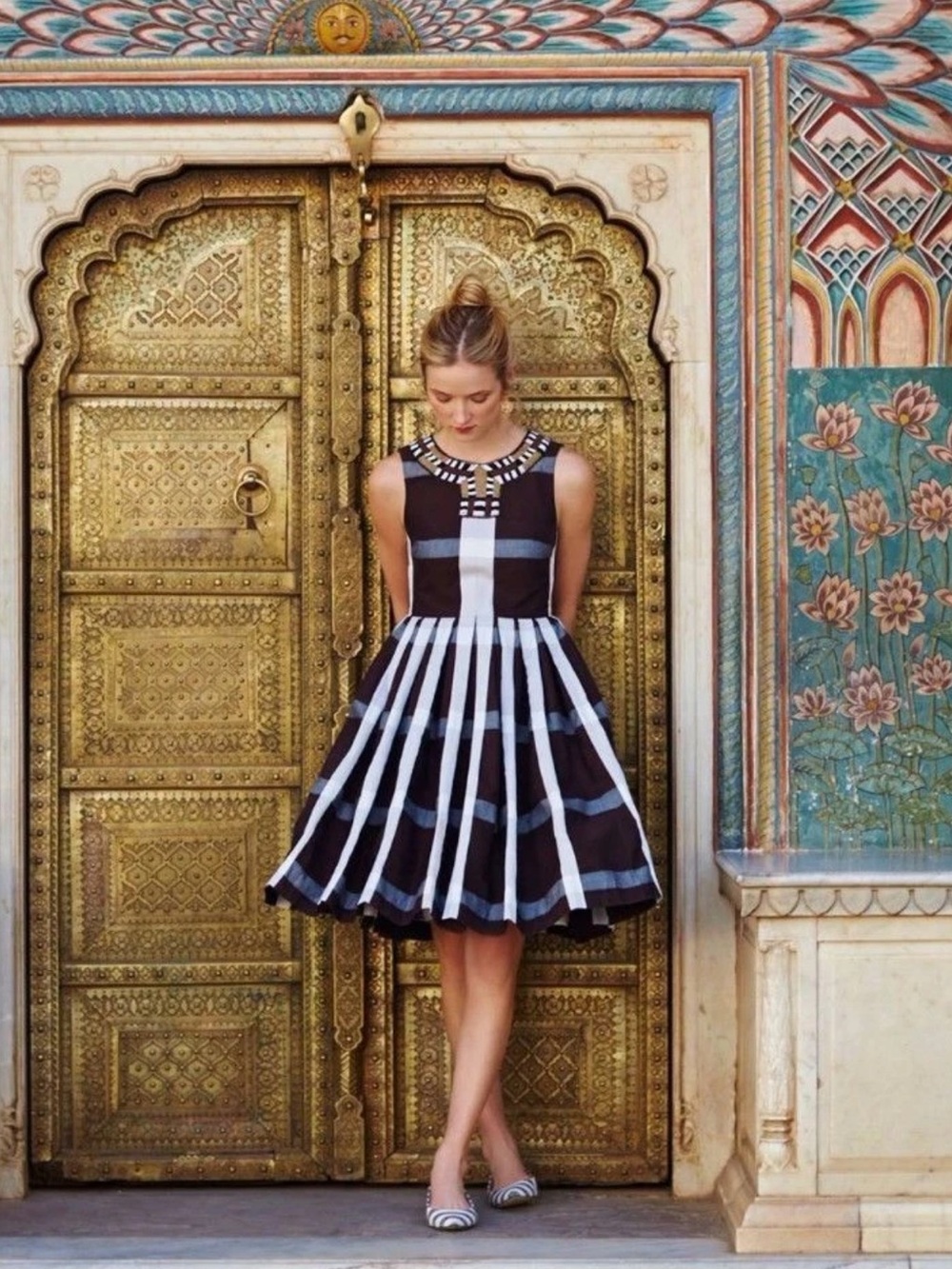 Maeve Black & White Striped Fit-and-Flare Mini Dress